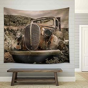 Jerome Arizona Ghost Town Mine Old Car with One Lamp - Fabric Wall Tapestry Home Decor - 51x60 inches