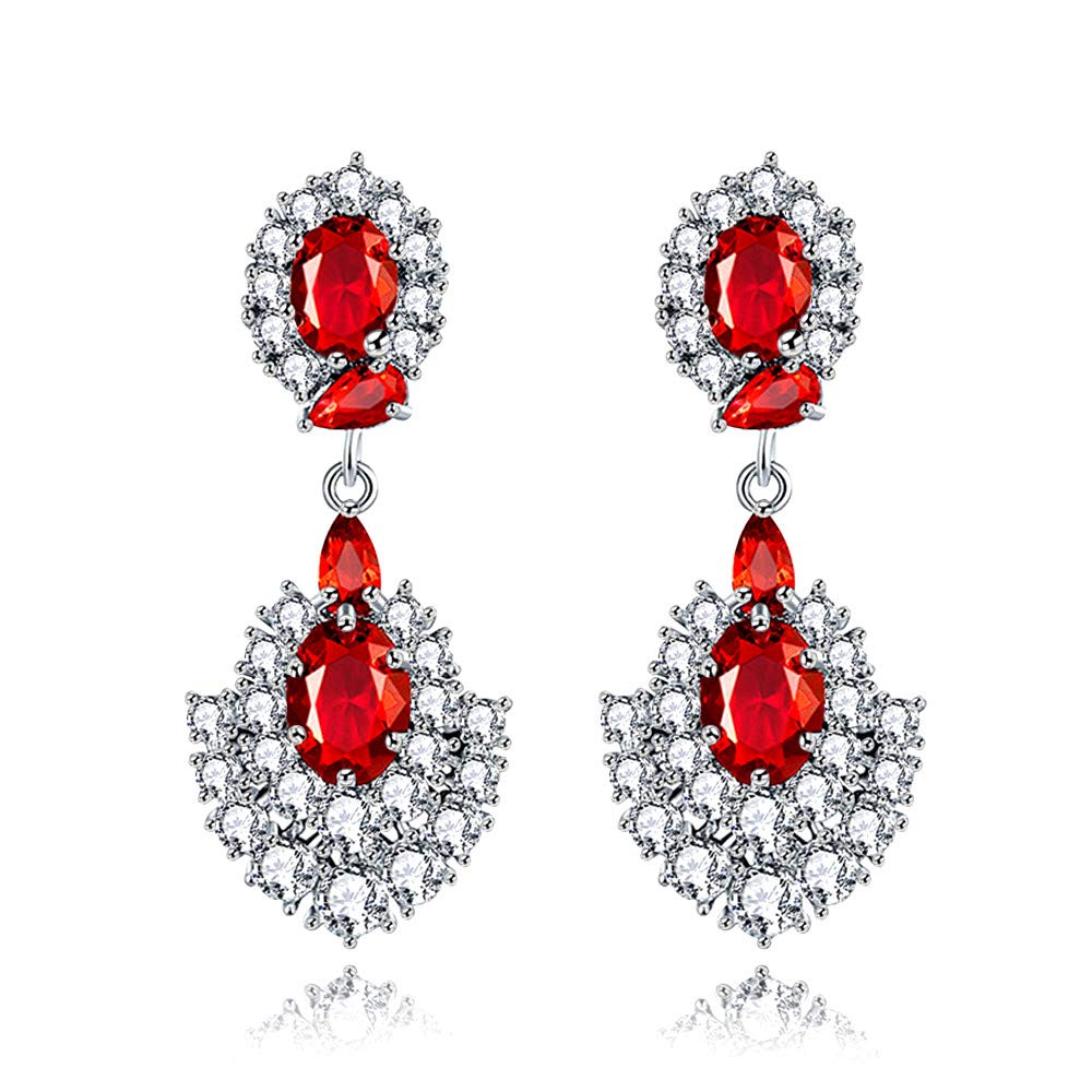 Uloveido Womens White Gold Plated Red Crystal Rhinestone Wedding Drop Earrings Birthstone Stud Dangle Earrings Y488-Red