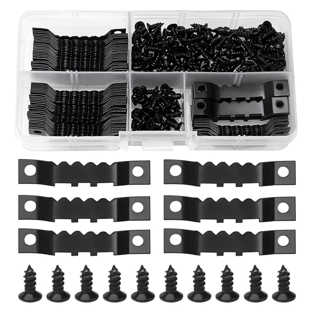 YIXISI 85 PCS Sawtooth Picture Frame Hangers + 170 PCS Screws, Sawtooth Photo Frames Holder Double Hole, for Art Photo Canvas Wall Mounting, Black (45 x 8mm)