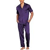Ekouaer Men Satin Silk Pajamas Set 2 Piece Button Down Sleepwear Long Pants Loungewear with Pockets