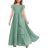 MITILLY Girls Lace Flower Maxi Dress Ruffle Sleeve A-Line Flowy Junior Bridesmaid Chiffon Dresses for Wedding Party
