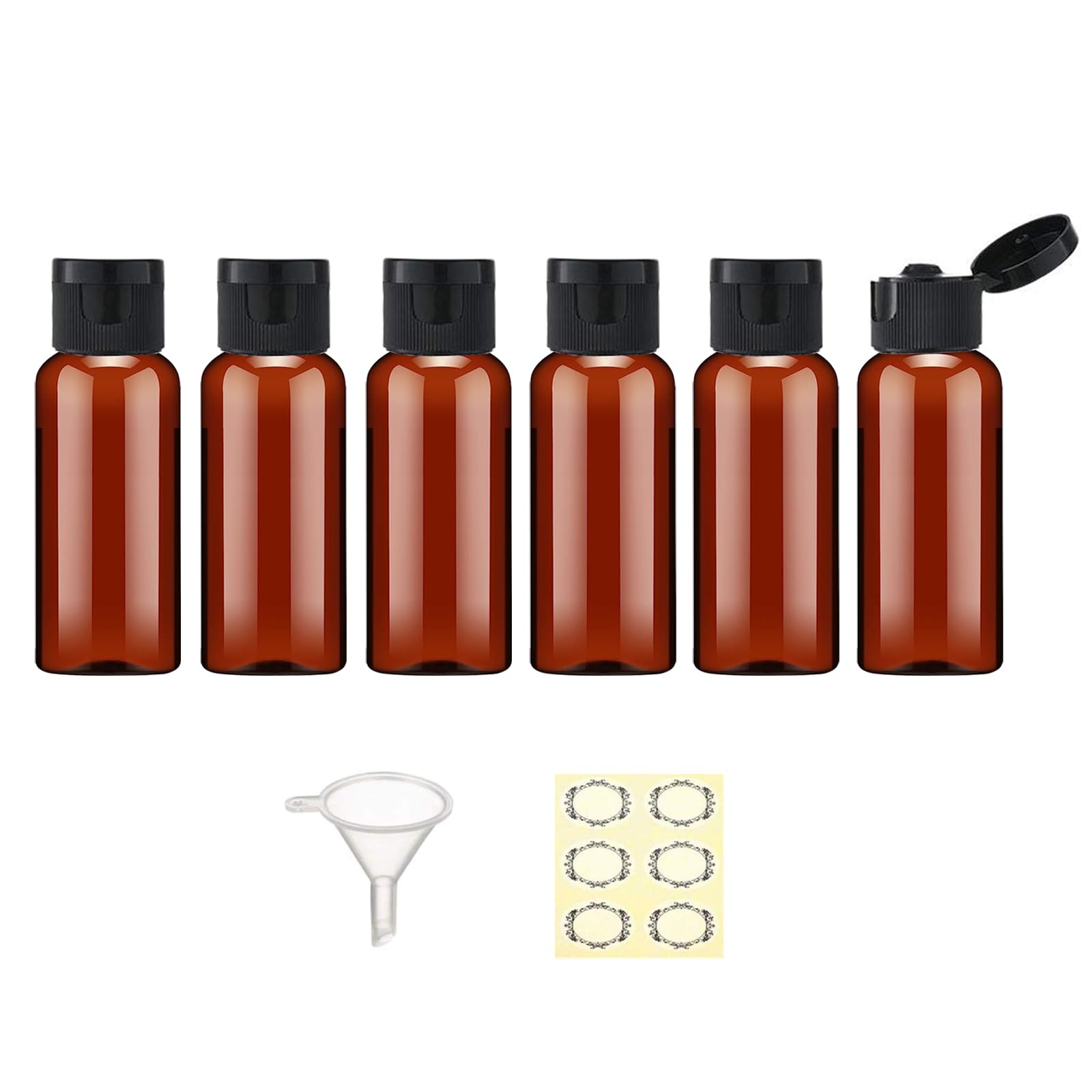 Apstaqeoo 6PCS 50ML Plastic Travel Bottles with Flip Cap Empty Squeeze Bottles Refillable Travel Container with 1 Funnel & 6 Labels TSA Approved for Liquids Lotion Toiletries Cosmetic (Brown)