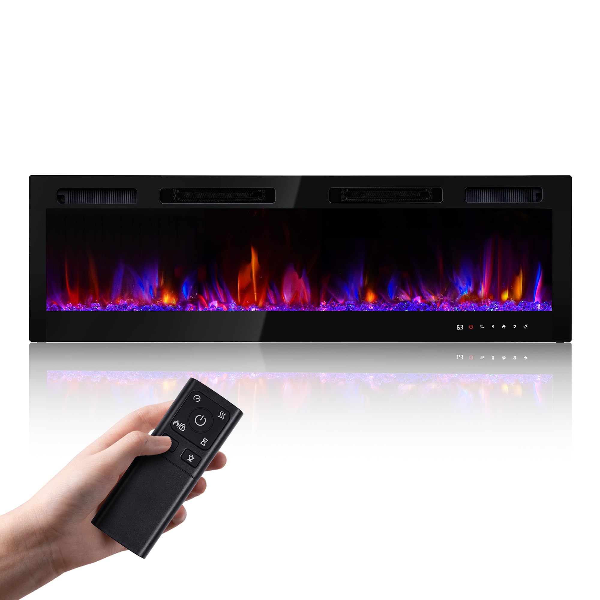 Photo 1 of RealSmart Electric Fireplace Heater Inserts 60" Wall Mounted Electric Fireplace 750W/1500W in-Wall Recessed Heaters with Remote Control,Fit for 2 X 6 stub,12 Adjustable Color Flame & Brightness,Timer
