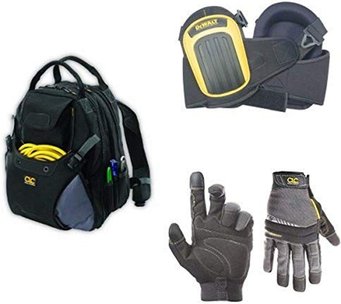 Custom Leathercraft 1134 48-Pocket Tool Backpack with 125 Handyman Large Gloves and Dewalt DG5204 Layered Gel Knee Pads