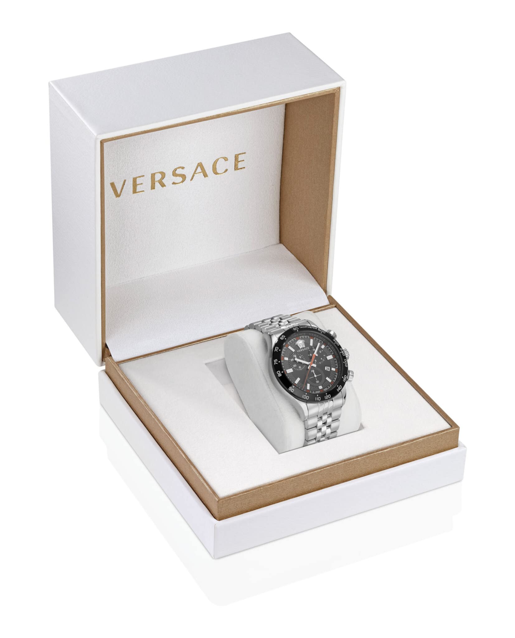 Versace Hellenyium Chrono Collection Luxury Mens Watch Timepieces with a Silver Bracelet Featuring a Stainless Steel Case and a Black Dial