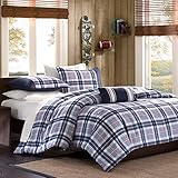 Full Queen Twin Comforter Bed Set Teen Bedding Modern Contemporary Blue Navy Plaid Bedspread Update Bedroom Decor (FULL/QUEEN)