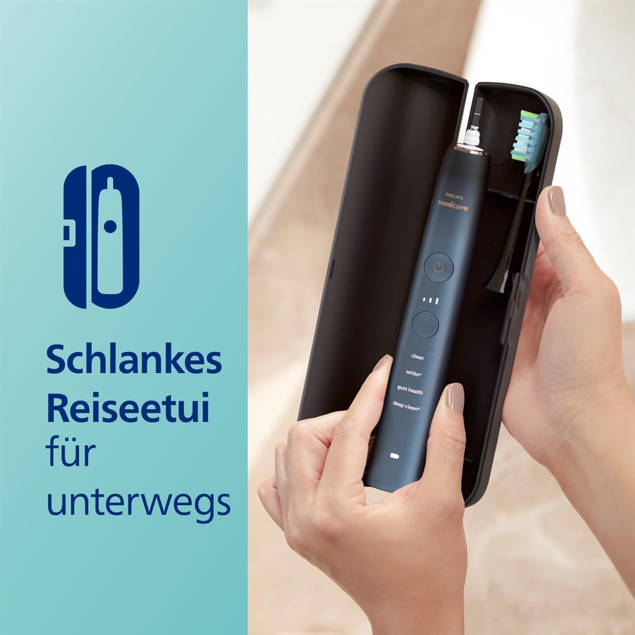 Philips Sonicare DiamondClean elektrische Zahnbürste der 9000er Serie – Schallzahnbürste, sauberere Zähne und Mundpflege mit 4x C3 Premium Plaque Defense-Bürstenköpfen, Aquamarine (Modell HX9911/89)