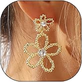 Flower Earrings for Women Dainty 14K Gold Rhinestone Flower Dangle Earrings Lightweight 2 Layered Tiered Hollow Floral Drop Earrings Jewelry Presents
