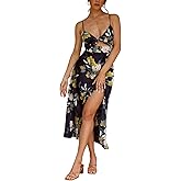Fashionme Women Spaghetti Strap Midi Satin Dresses Tie Front Backless Slit Cutout Dress Semi-Formal/Casual Flowy Lightweight