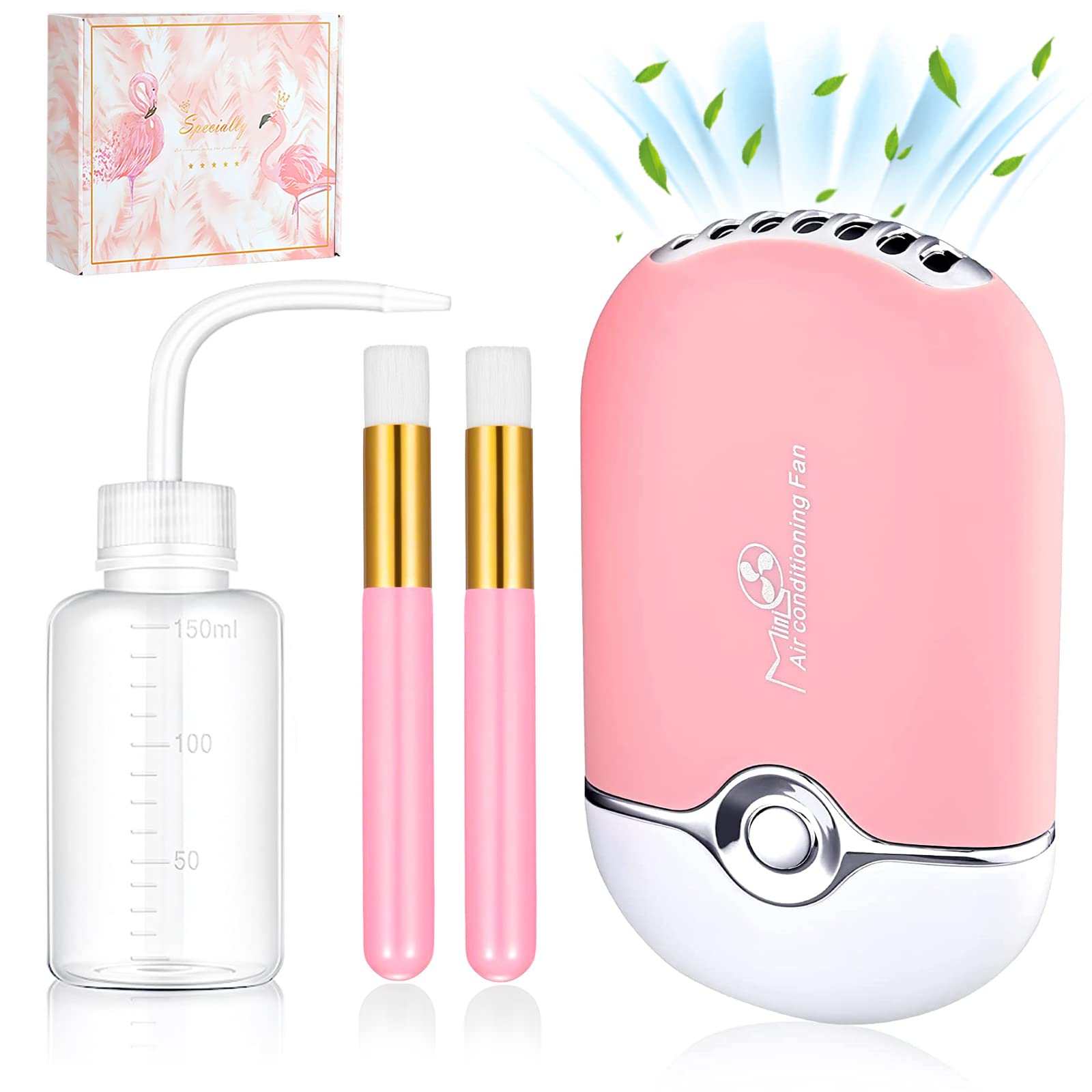 Lash Fan Dryer for Eyelash Extension USB Mini Portable Fans Rechargeable Electric Handheld Air Conditioning Lash Shampoo Brush Nose Blackhead Facial Cleaning Brushes Wash Squeeze Bottle (Pink)