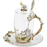 LANTREE Unique Tea Cups Mother's Day Gift Enamels Flower Glass Coffee Mug with Spoon Jasmine Cups Birthday Christmas Gift for Women 12oz