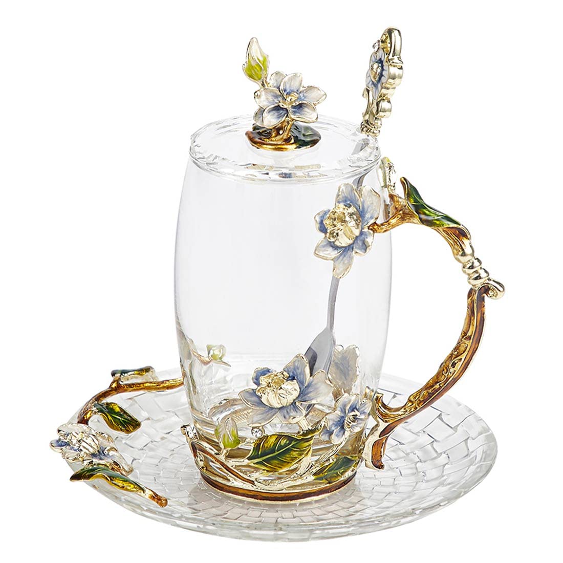 LANTREE Mother's Day Glass Coffee Mug Flower Teacup with Spoon Birthday for Women Friends Wedding (350ml Jasmine)