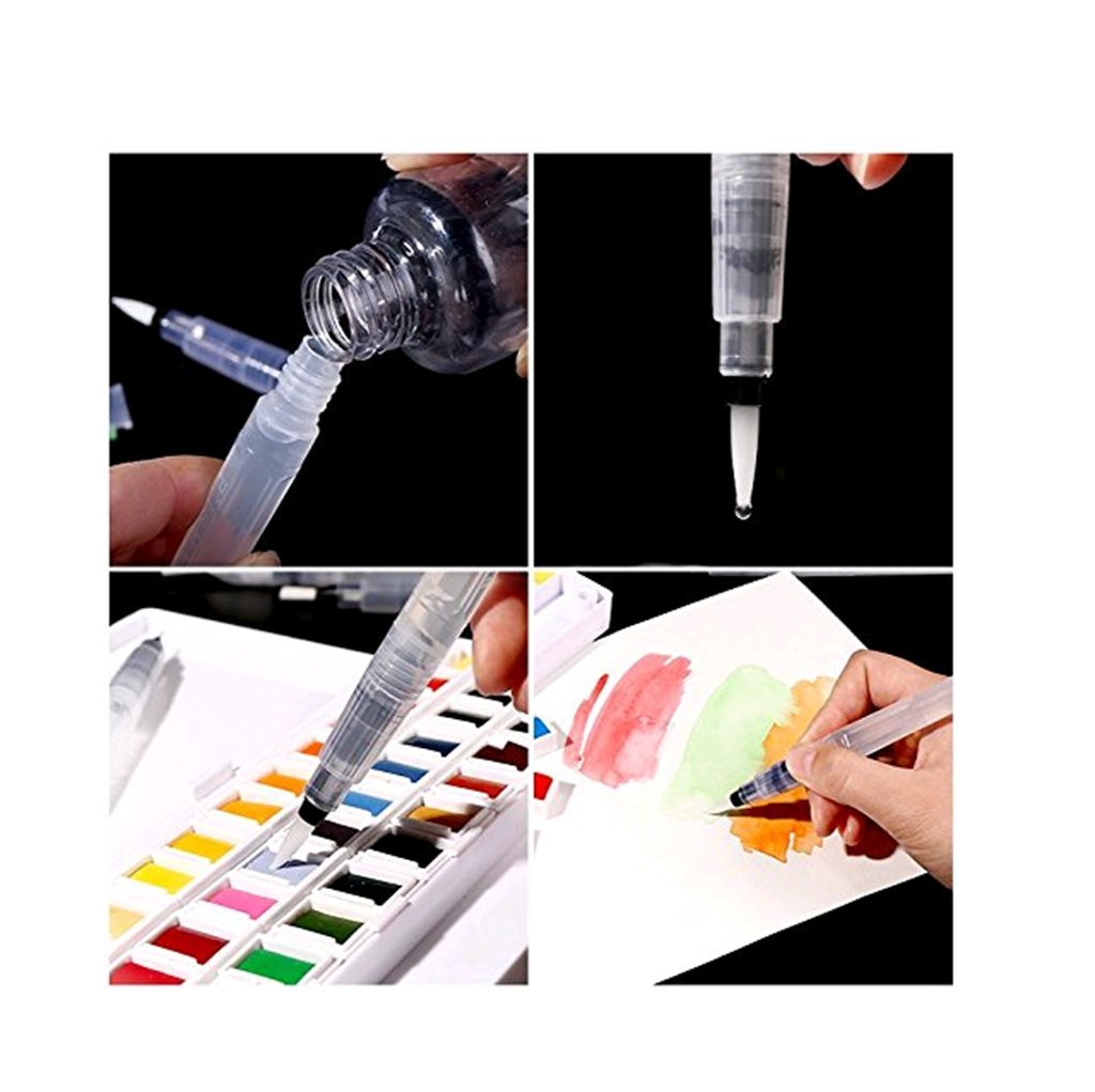 H&B Water Brush Pens Set 6 Watercolor Brushes Assorted Brush Tips Refillable, Watercolor, Calligraphy, Painting