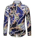 Versaces Men Shirt Fashion Digital Printing Lapel Long Sleeve Shirt, Navy Blue, L