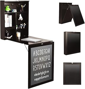 Tangkula Wall Mounted Table, Fold Out Convertible Desk with A Blackboard/Chalkboard, Multi-Function Computer Writing Floating Desk, Home Office Wood Wall Hanging Desk (Espresso)
