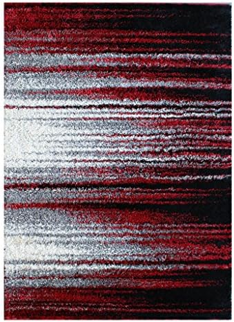 Masada Rugs, Modern Contemporary Shag Area Rug, Red Grey Black (5 Feet x 7 Feet)