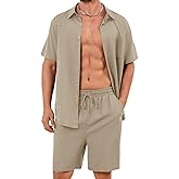 Flygo Men Cotton Linen Sets Outfits 2 Piece Summer Short Sleeve Shirt and Shorts Set Beach Wear Vacation Outfit