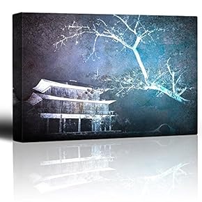 Haunted House and Tree on a Blue and Purple Watercolor Background - Canvas Art Home Art - 12x18 inches