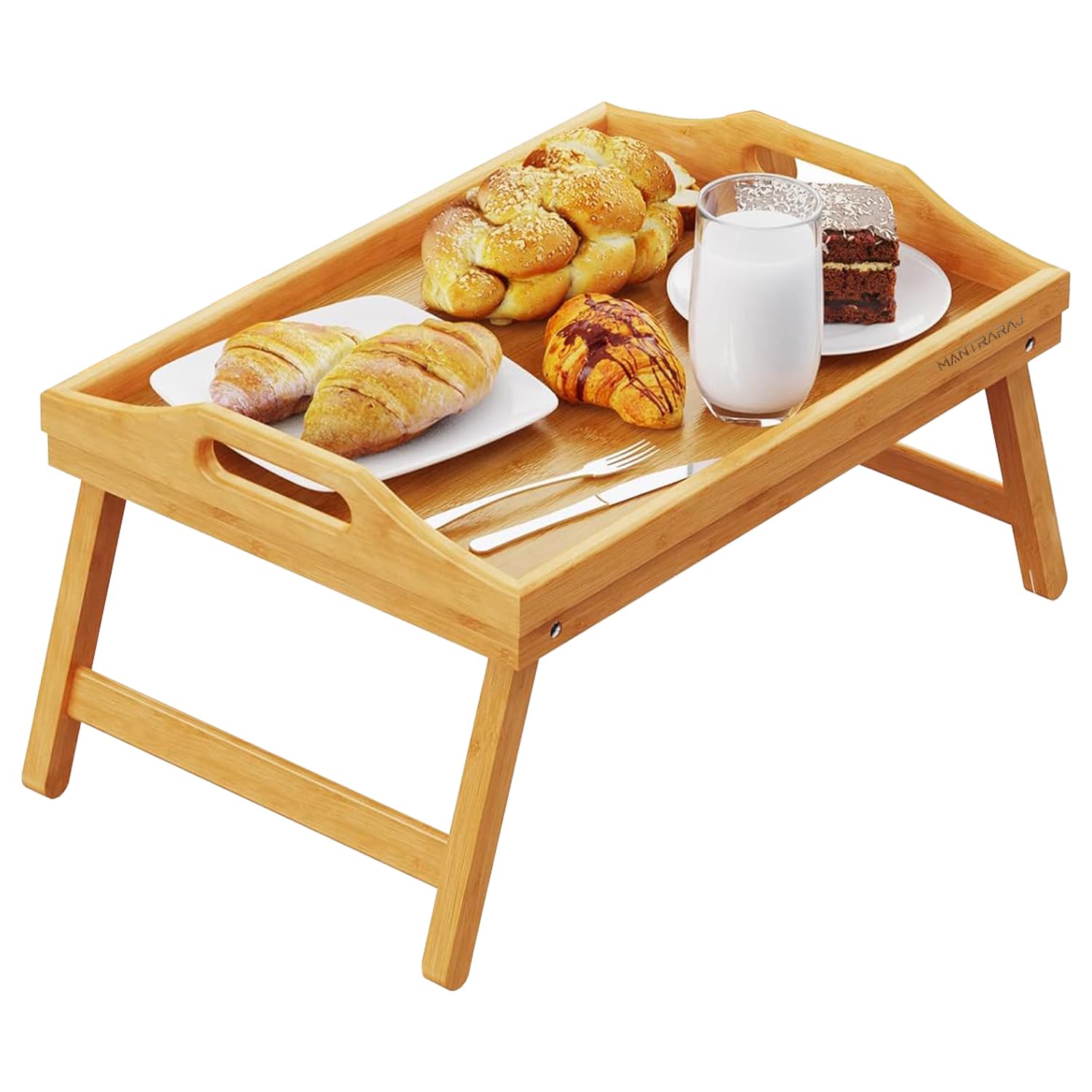 Mantraraj Wooden Bamboo Food Serving TV Tray With Handles Portble And Folding Legs Dinner Breakfast Lap Table Mat For Sofa And Bed - 50x30cm