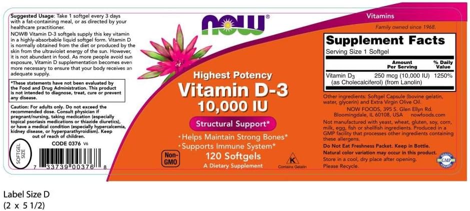 NOW Supplements, Vitamin D-3 10,000 IU, Highest Potency, Structural Support*, 120 Softgels: Health & Personal Care