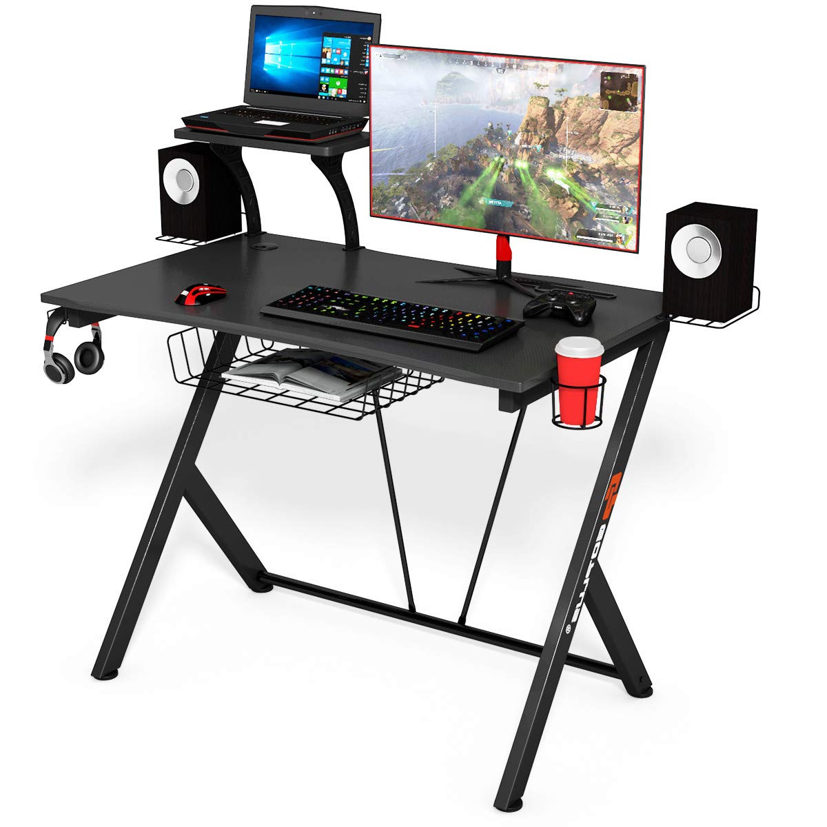 COSTWAY Multifunctional Gaming Computer Desk, Ergonomic Computer Table Includes Raised Shelf