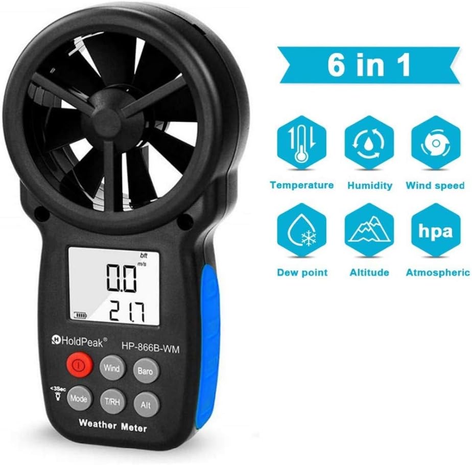Multifunction Digital Anemometer Handheld, Portable Wind Speed Meter Air Temperature Gauge, Measuring Relative Humidity, Dew Point, Altitude