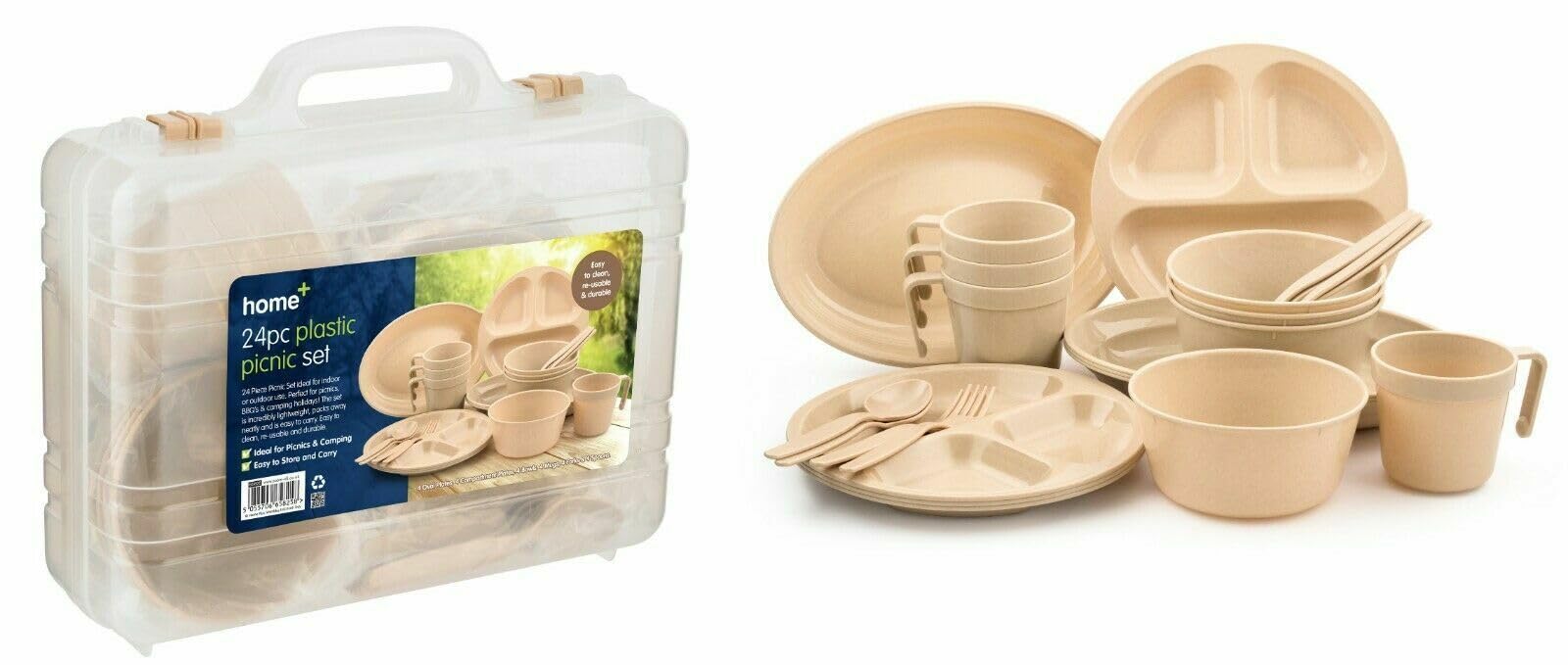 HOMESHOPA Plastic Dinnerware Set, 24 Piece Picnic Camping Dinner Set with Travel Case, Unbreakable Lightweight Reusable Serving Plates Bowls Cups Mugs Fork & Spoon, Microwave Dishwasher Safe Tableware