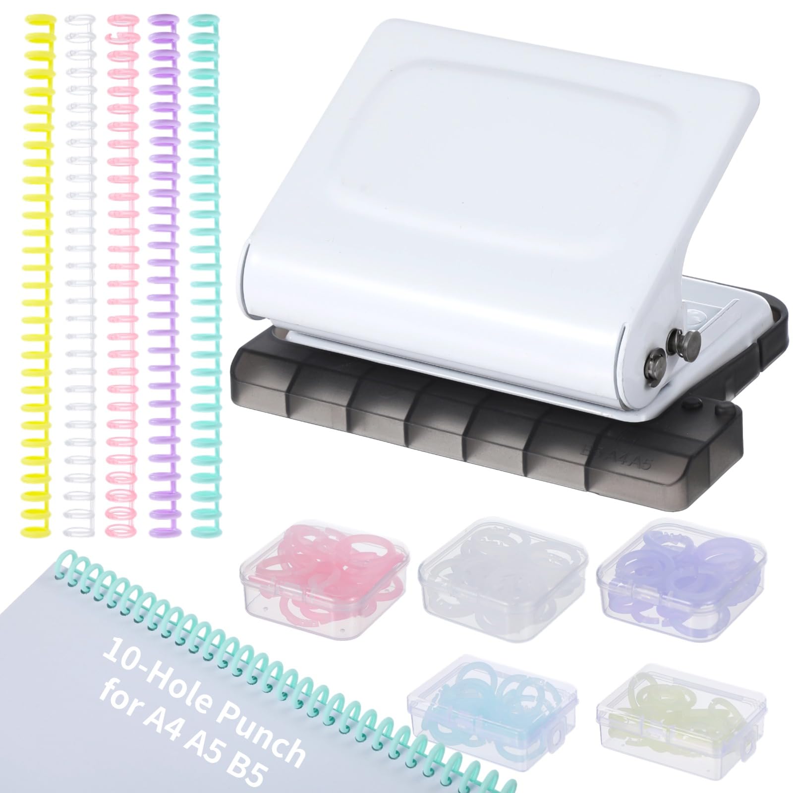 Photo 1 of 10-Hole Binder Machine Kit, Manual Binding System with 10 Pcs Loose Leaf Binding Spines & 100 Pcs Binder Rings, Binding Machine for Planner, 26 Holes on B5, 30 Holes on A4, 20 Holes on A5