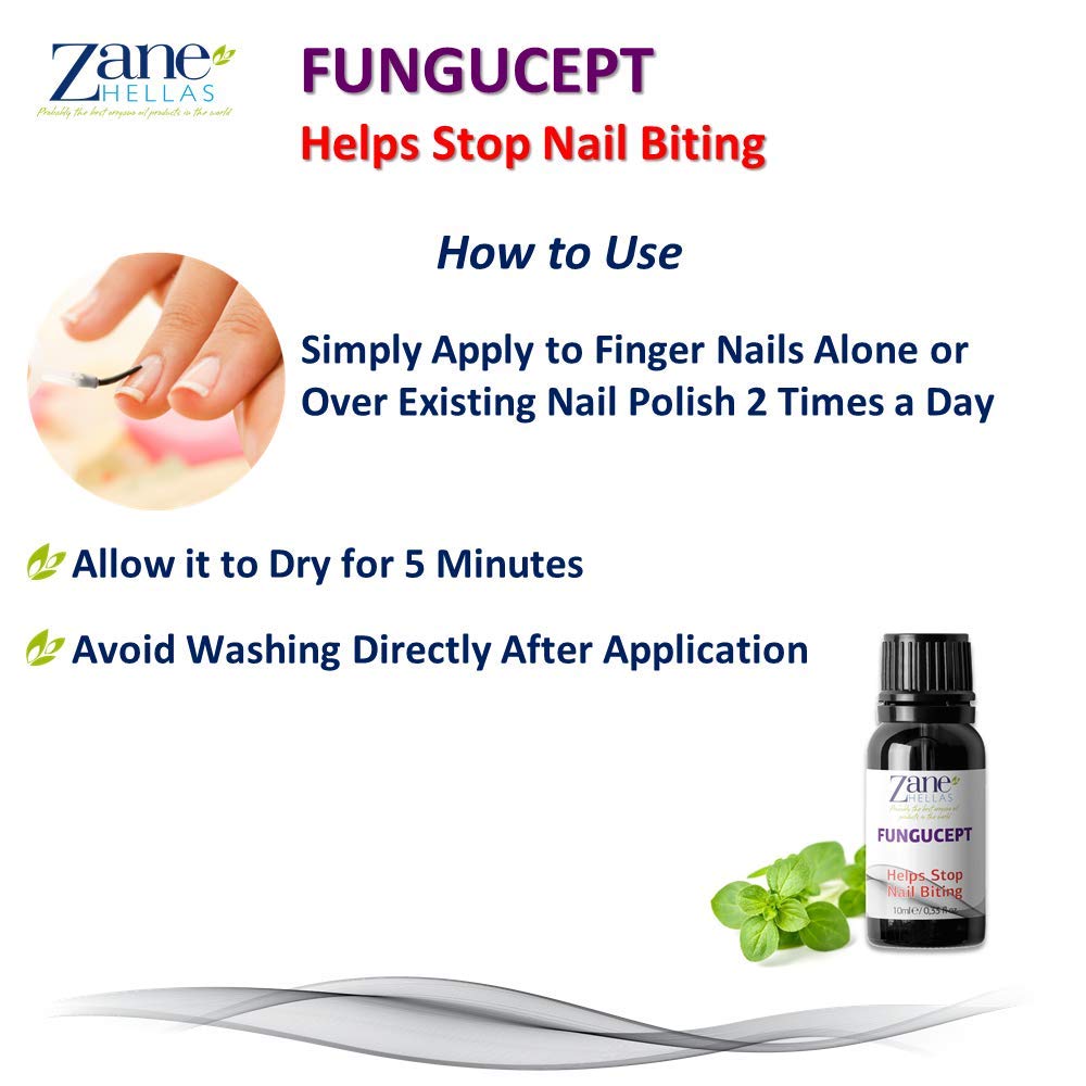 Zane Hellas FunguCept. Helps Stop Nail Biting and Thumb Sucking Habit. For Healthy Nails. No Bite. Controls and Prevents Nail Biting 100% Herbal Solution. 0.33 fl. Oz - 10 ml : Beauty