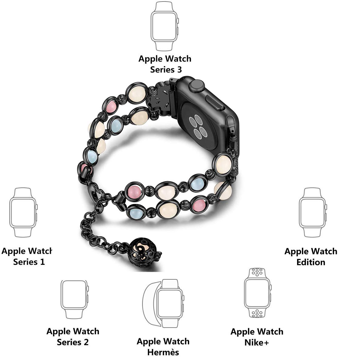 Jewelry Bracelet Compatible with Apple Watch Band Strap Wristband Handmade 38mm/40mm Iwatch Series 5/4/3/2/1, with Night Luminous watchband for Women & Girls 5.5-7 inch (Black) (Black, 38mm/40mm SM)