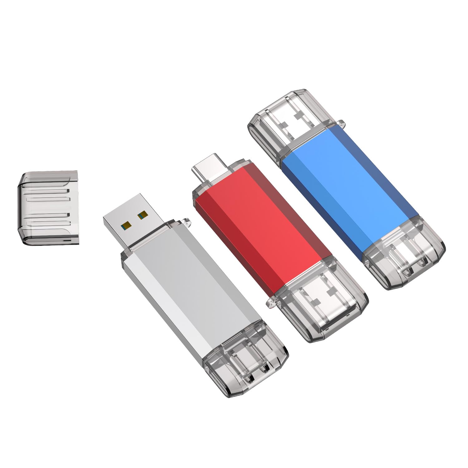 Photo 1 of RAOYI 3 Pack 128GB USB C Flash Drive, 2 in 1 USB 3.0 Type C Dual OTG Metal Thumb Drive Jump Drive Memory Stick with Keychain Suitable for USB-C Smartphones, Computers and Tablets (Red,Silver,Blue)