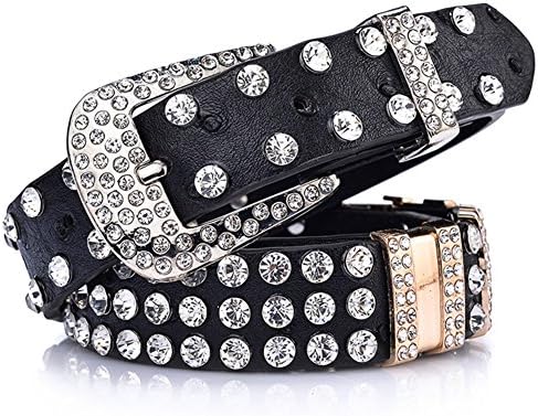 YAMEZI Women's Rhinestone Studded With Rhinestone Belt, decorative fashion jeans belt (Black)