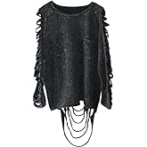 Anna-Kaci Ripped Cut Out Holes Long Sleeve Faded Distressed Top Pullover Shirt,