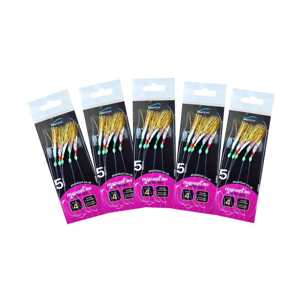 5 hooks Feather Rig Size 4 For Boat Sea And Shore Lure Rig for Mackerel, Horse Mackerel, And Herring (5/10 pack) (Fluorescent)