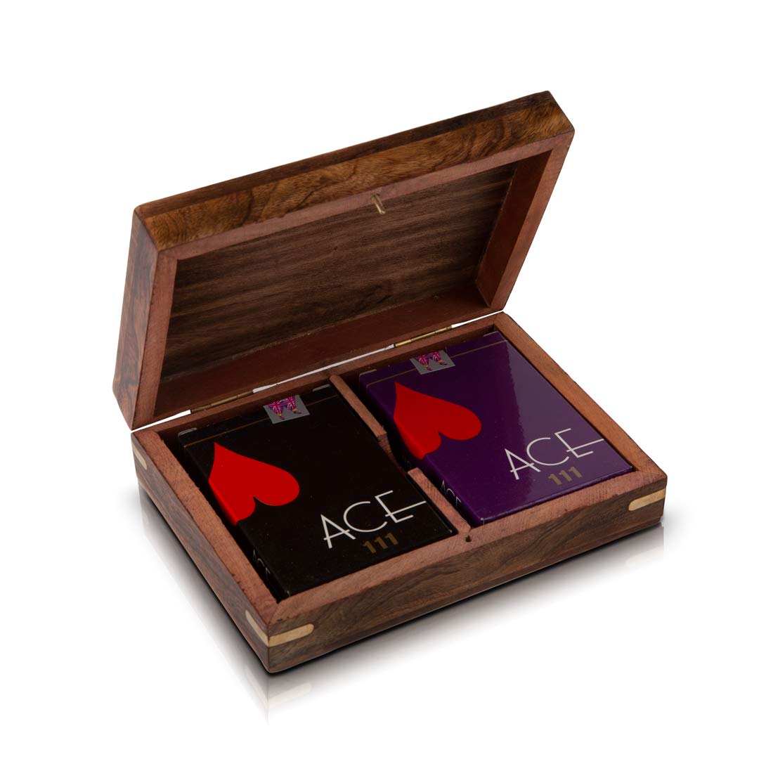 Unique Birthday Gift Ideas Handcrafted Classic Wooden Playing Card Holder Deck Box Storage Case Organizer With 2 Sets of Premium Quality 'Ace' Playing Cards Anniversary Housewarming Gifts Him Her