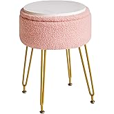 IBUYKE Teddy Velvet Storage Footrest Stool Ottoman, Makeup Vanity Stool Side Table with Removable Cover, Golden Steel Legs, Coffee Table Top Cover, Pink WBD010P
