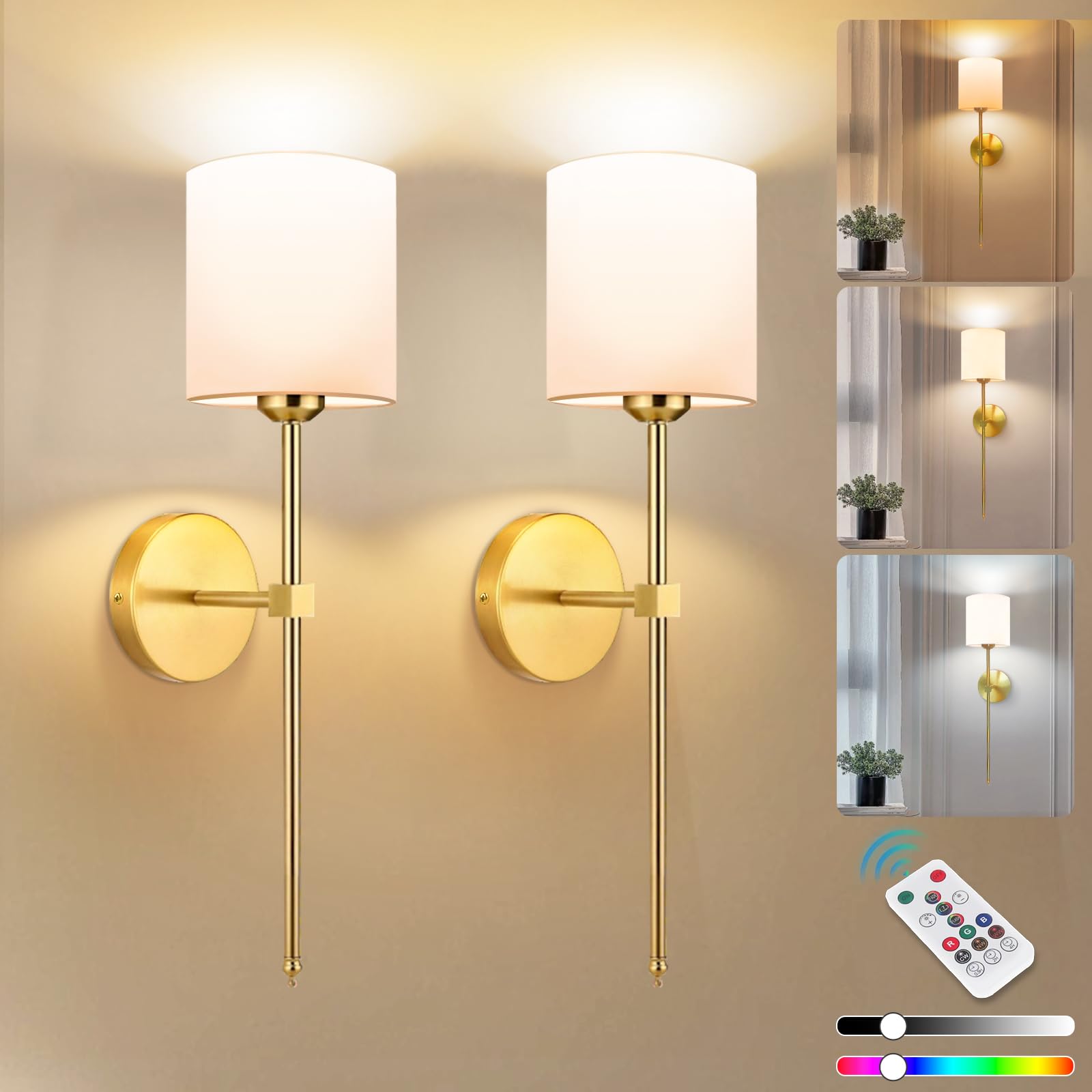 Photo 1 of Adetu Battery Operated Wall Sconce Set of 2, Gold Rechargeable Wall Light with Remote, 10 Dimmable Colors Wireless Wall Lamps for Bedroom Living Room Hallway Decor