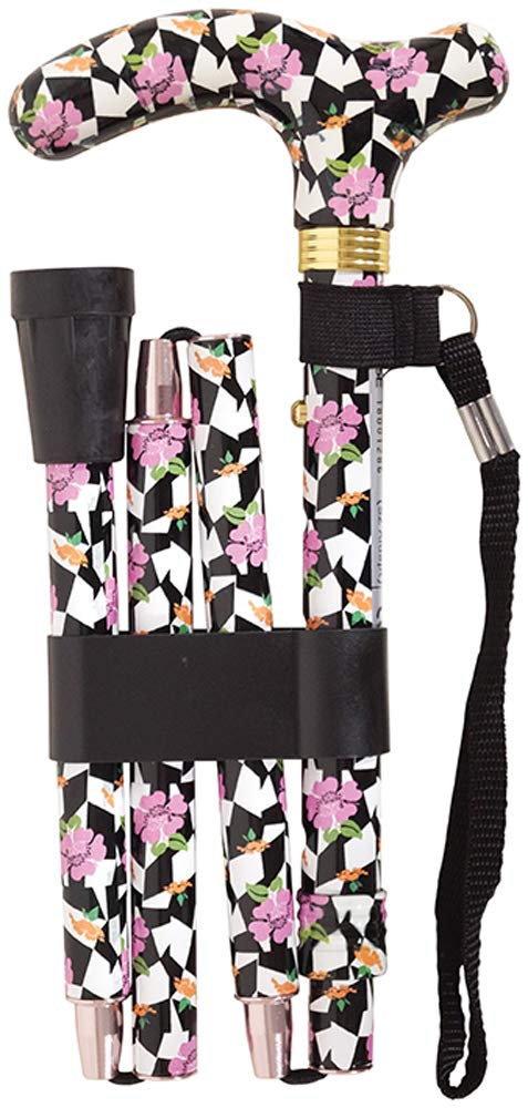 Aidapt Patterned Fold Down Adjustable Height Lightweight Walking Stick with Anti Slip Ferrule Foot for Stability and Confidence when Walking Supplied with a Hanging Carry Strap and Handle