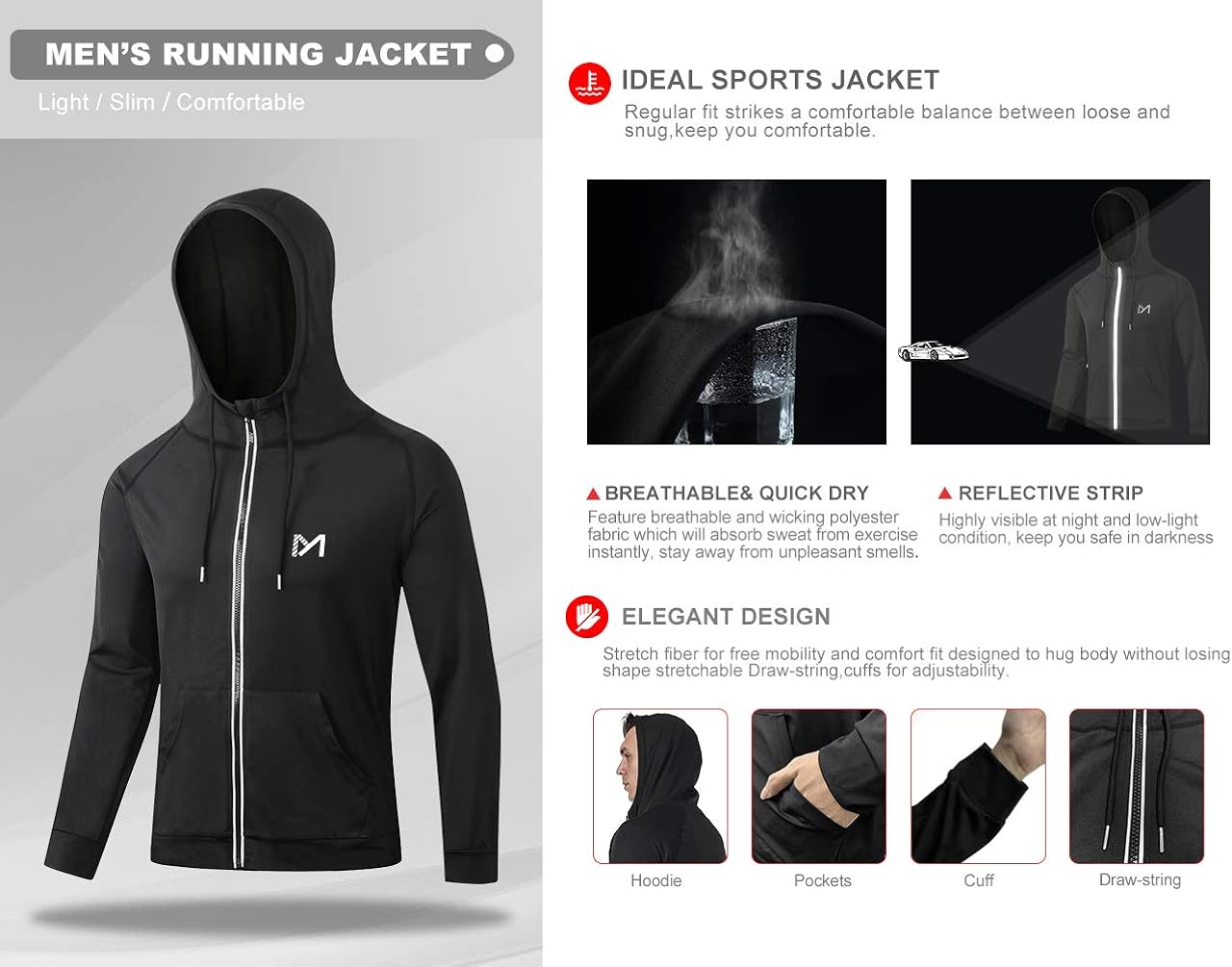 Running Jacket for Men, Long Sleeve Shirt Hooded Track Top Reflective Full Zip Sports Fitness Workout Gym Active Jacket: Clothing