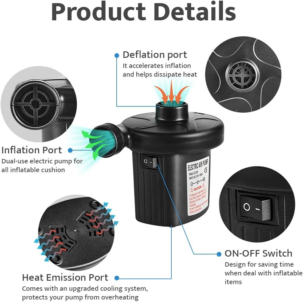 Electric Air Pump Quick-Fill Air Pump for Inflatable Couch,Airbeds,Swimming Ring,Inflatable Pool,2 in 1 Portable Air Mattress Pump,Powerful Electric Inflator Air Pump with 3 Nozzles 110-240V AC/DC: Home & Kitchen