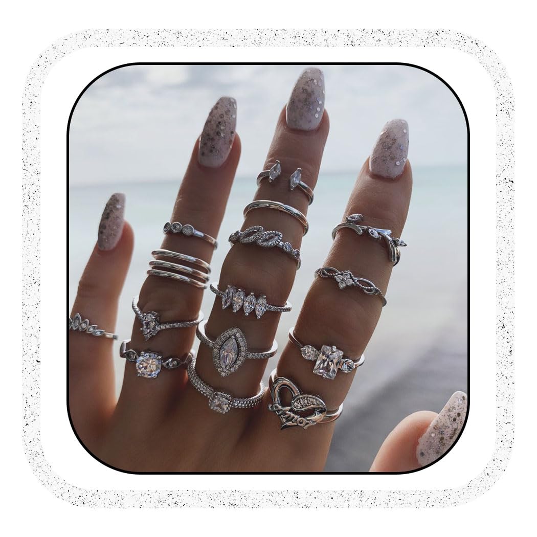 IYOU Vintage Gemstone Ring Sets Silver Crystal Knuckle Stacking Rings Boho Flower Moon Mid Rings Jewelry for Women(15pcs)