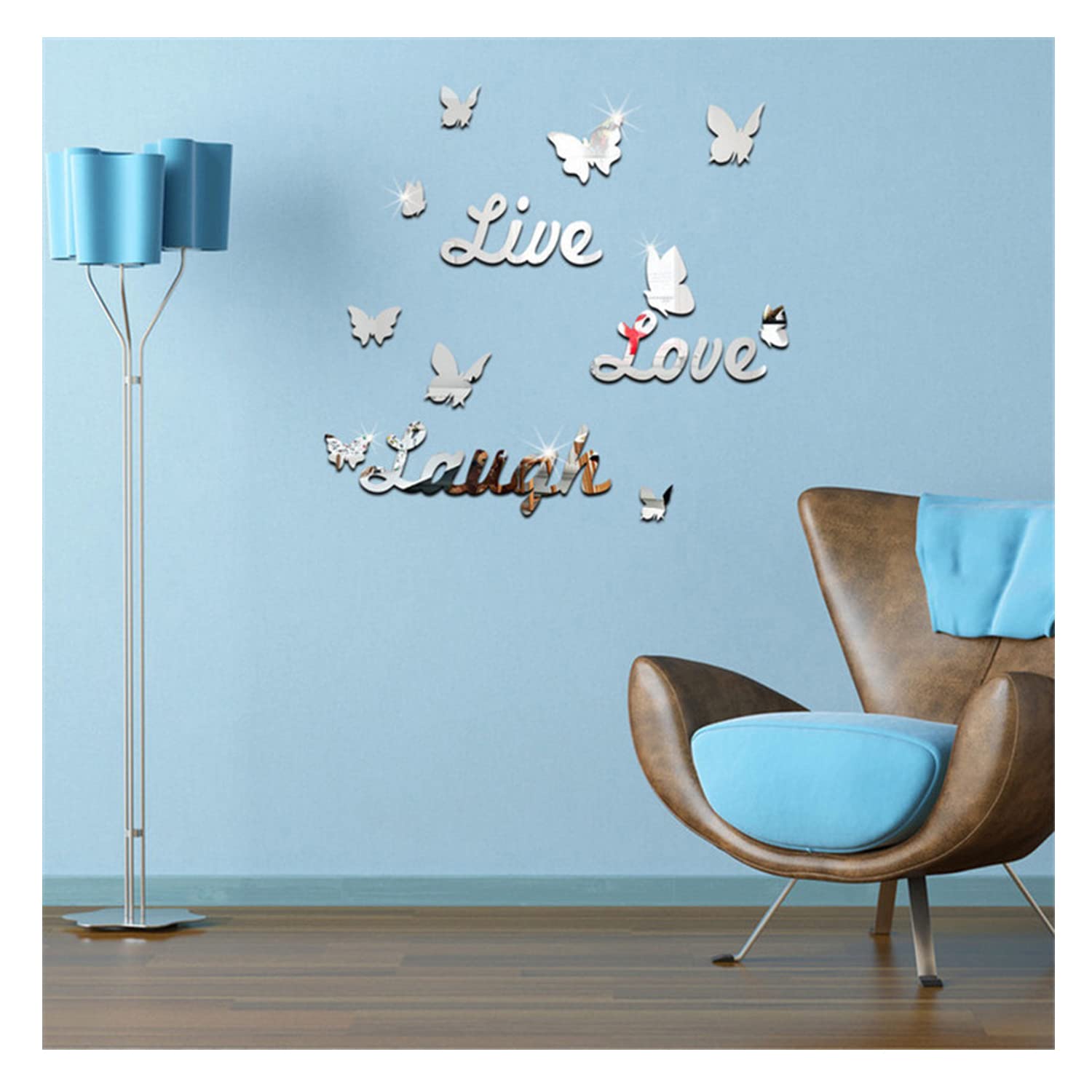 Live Love Laugh Wall Stickers, Motivational Wall Decal Sticker Acrylic Mirror Set with Butterfly Wall Decorations for Bedrooms Living Room Aesthetic Decor DIY(Sliver)
