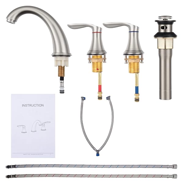 BATHROOM SINK FAUCET, FAUCET FOR BATHROOM SINK, WIDESPREAD BRUSHED NICKEL BATHROOM FAUCET 3 HOLE WITH STAINLESS STEEL POP UP DRAIN AND CUPC LEAD-FREE HOSE – (BRUSHED NICKEL)