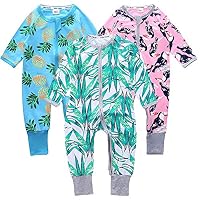 Kids Tales 3 Pack Baby Boys Long Sleeve Pajama Cute Cotton Graphic Zipper Romper