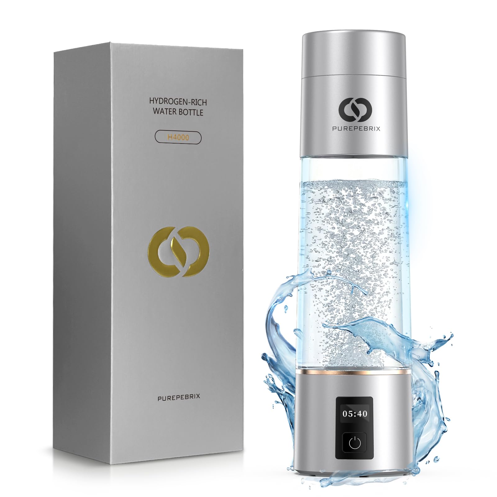 Photo 1 of PUREPEBRIX Hydrogen Water Bottle Generator - Up to 6400 PPB, 12-Hour Hydrogen Retention, H2 Certified SPE/PEM Tech, Portable, Recovery & Thoughtful Wellness Gift (Sliver)