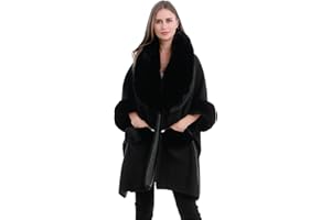 Belle Dame Women’s Faux Fur Poncho Cape Winter Poncho Wrap with Faux Fur Collar and Cuffs Pocket Poncho Cloak Cardigan