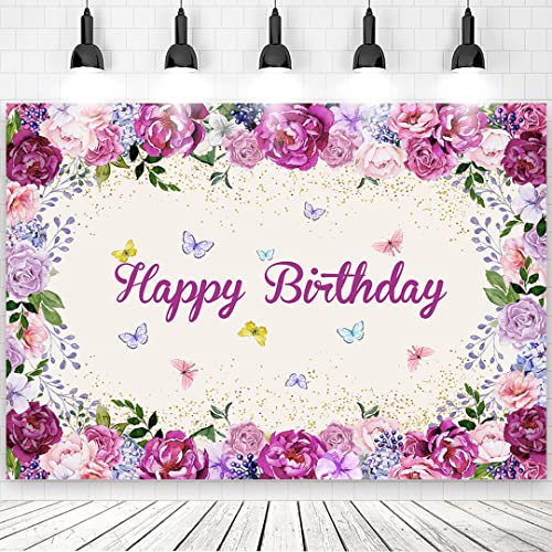 7x5ft Purple Floral Birthday Backdrops Pink Purple