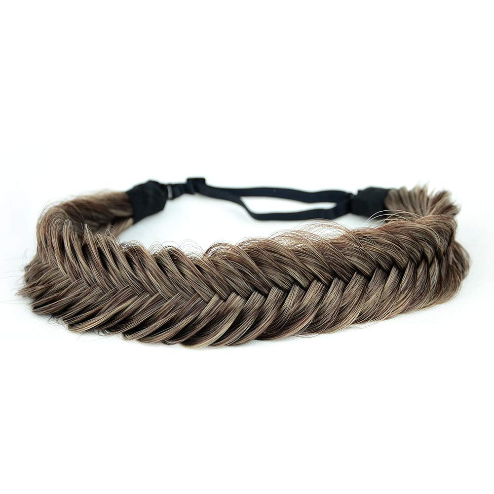 BOBIYA Wide Fishtail Synthetic Hair Braided Headband Classic Chunky Plaited Braids Elastic Stretch Hairpiece Women Girl (Ash Brown)