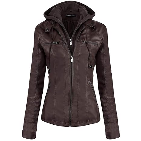 Newbestyle Jacke Damen Lederjacke Frauen mit Zip V Ausschnitt Kunstleder Bikerjacke Jacket Casual Übergangsjacke (Normale EU-