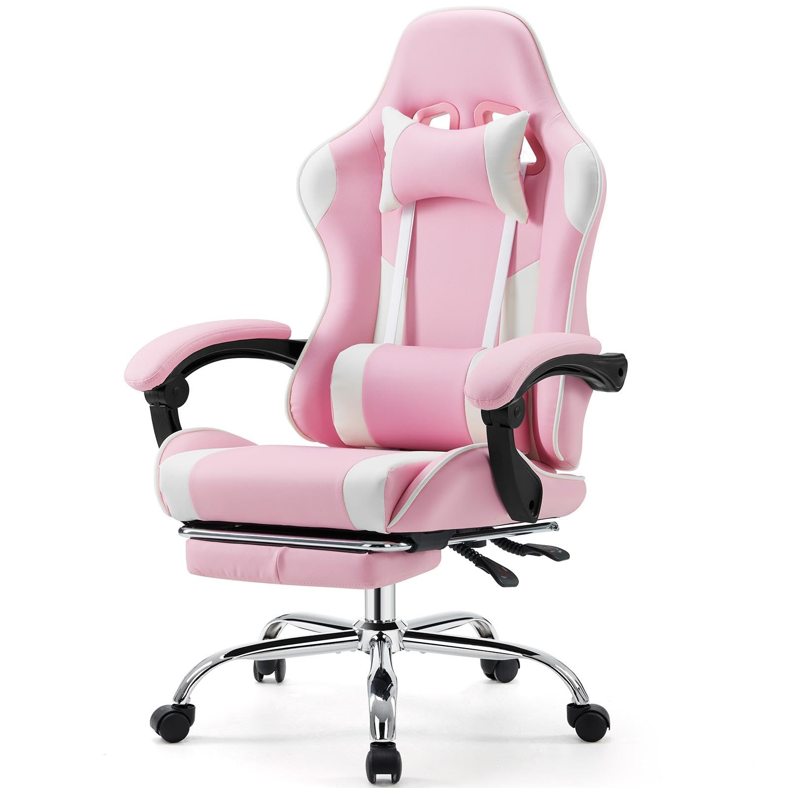 Sweetcrispy Gaming Desk Chair - Ergonomic Computer with Footrest and Comfy Lumbar Support, PU Leather with Headrest & Linkage Armrest, Height Adjustable with 360° Reclining Swivel, for Adults, Pink Image